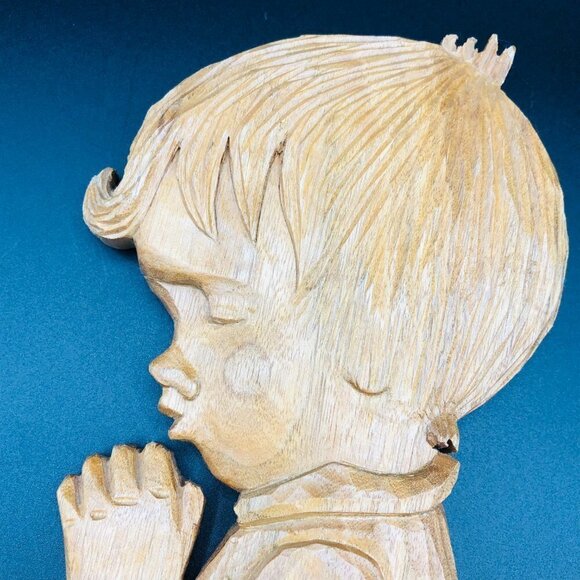 70s Hand Carved Wood Wall Plaque Praying Boy Vintage Gerard Lamonde Wall Hanging - Picture 2 of 10